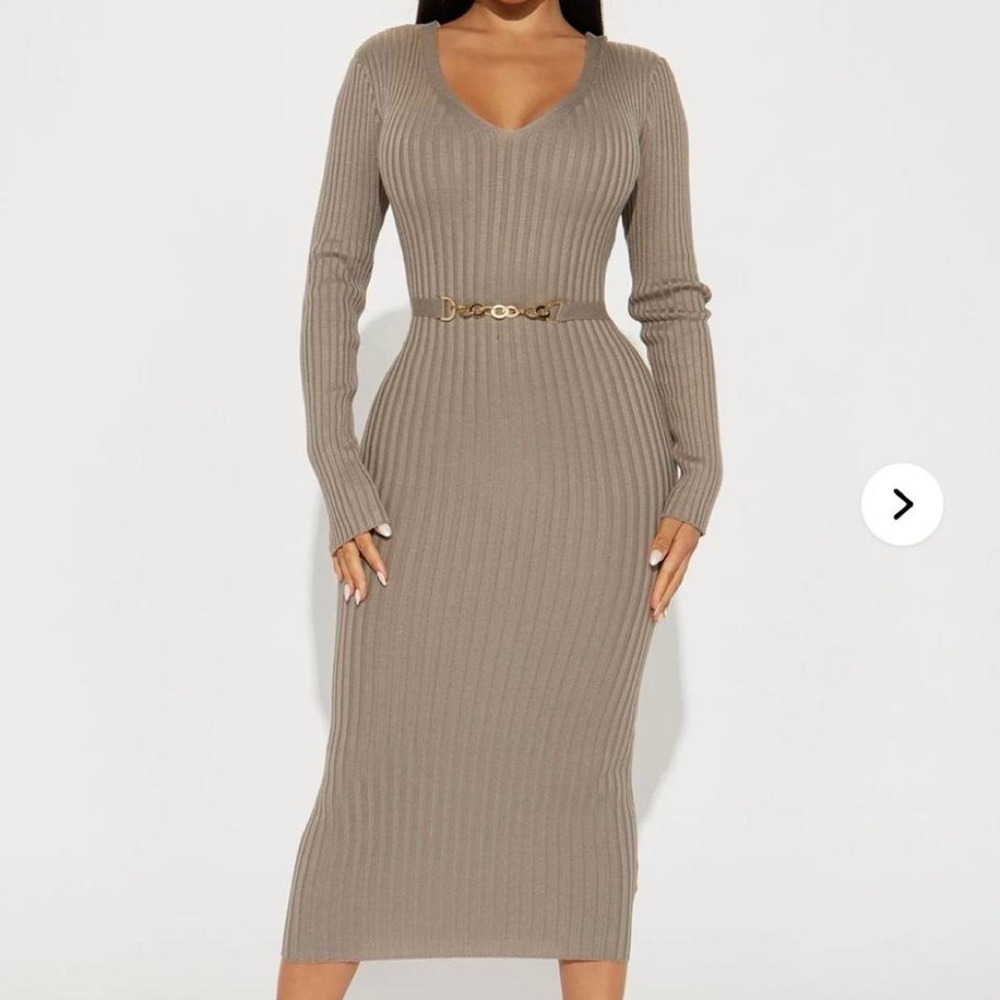 Fashion Nova Rocking Baddie Taupe Ribbed V-Neck Midi Dress